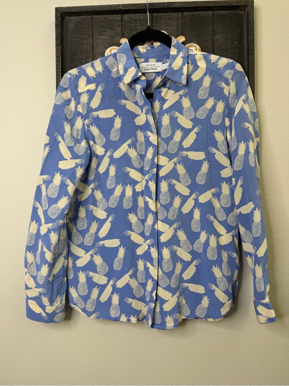 Paris Atelier & Other Stories 100% Silk Blue Shirt with Cream Pineapple Print